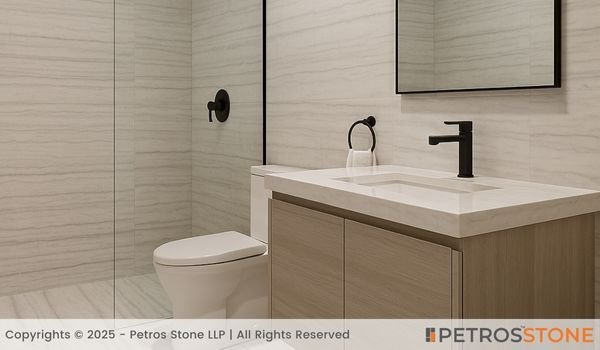 Striated White Marble Bathroom