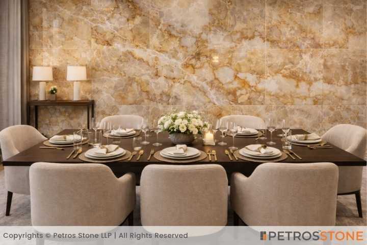 Golden Cloud Onyx Marble Dining Area